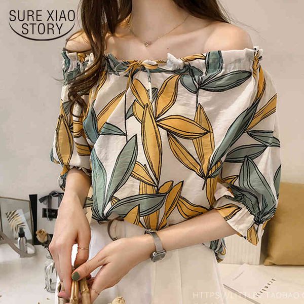 

plus size off-the-shoulder female blouse korea printing chiffon shirt casual short sleeve summer women clothing 13754 210415, White