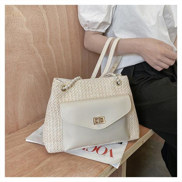 

cross body large-capacity bag female 2021 trendy crossbody bags woven straw one-shoulder handbags retro pearl chain messenger