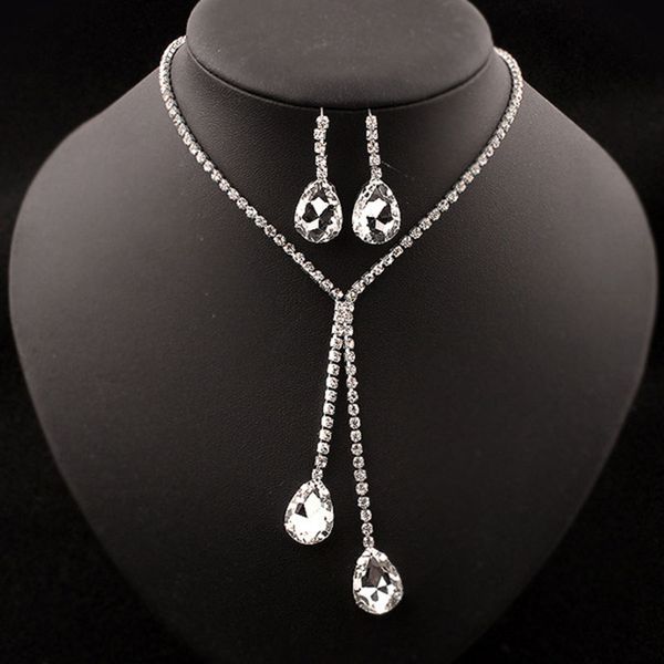 

shiny 925 sterling silver plated water drop necklace earrings jewelry set rhinestone cz crystal jewellery sets for women bridal wedding stat