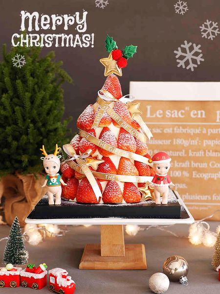 

factory outlet party decoration christmas strawberry cake tower grass circle card insertion red hat