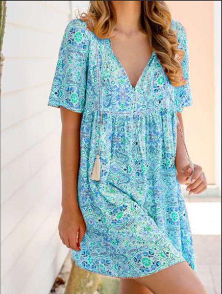 

2020 summer bohemian print short sleeve dress, White;black