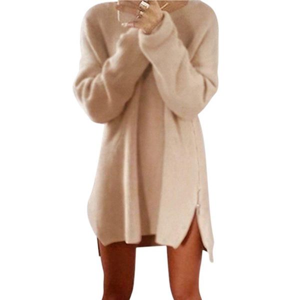 

casual dresses fashion female simple women long sleeve ziper pullover round neck solid short-slit winter loose sweater dress, Black;gray