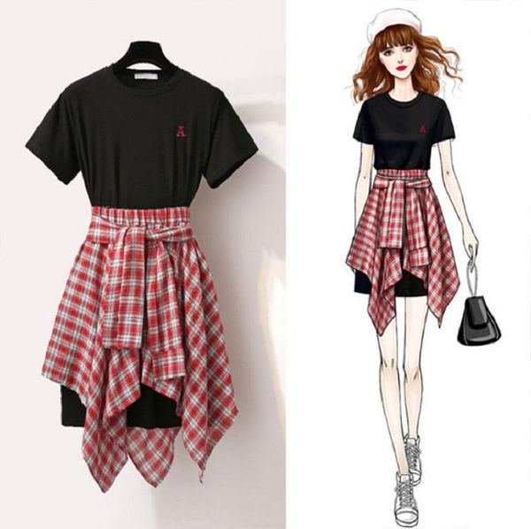 

summer fashion vintage style woman 2 pieces sets short sleeve casual t shirt+grid skirt elegant office ladies suits women's two piece p, White