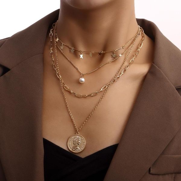 Anhänger Halsketten Multi-Layer Fünfzackigen Stern Bambus Link Kette Schönheit Kopf Münze Halskette Frauen Perle Punk Schmuck Zubehör