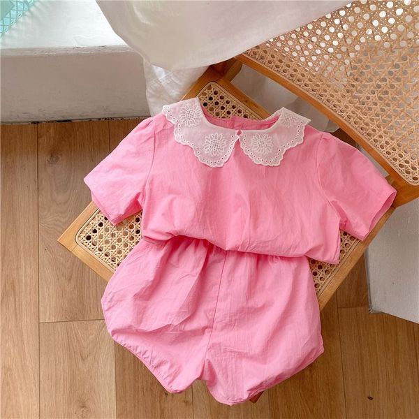 

clothing sets summer girls cute clothes set short sleeve lace collar blouse and shorts 2pcs suit children cotton outfits, White
