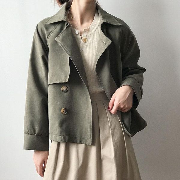 

women's trench coats spring autumn 2021 women double breasted khaki short coat loose lapel long sleeve windbreaker army green korean ca, Tan;black
