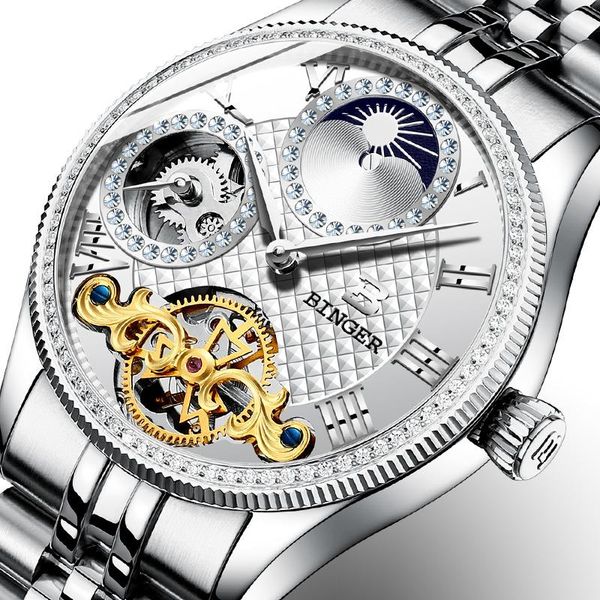 

switzerland mechanical men's watches binger skeleton wrist waterproof watch men sapphire male reloj hombre b1175g-7 wristwatche wristwa, Slivery;brown