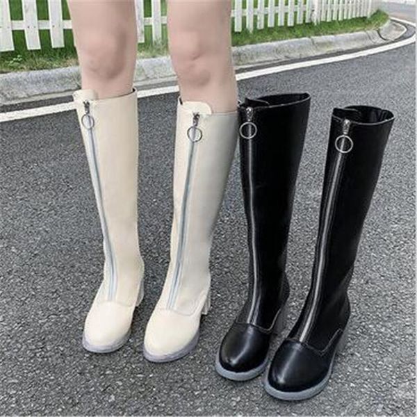 

boots black beige army british women 2021 spring autumn front zip knight crystal clear bottom high heel knee