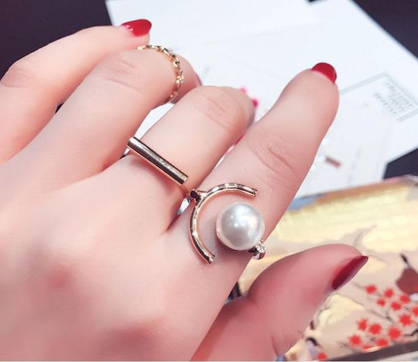 

wedding rings korea fashion pearl accessories exaggeration irregular round metal opening adjustable gold color ring for women girls jewelry, Slivery;golden