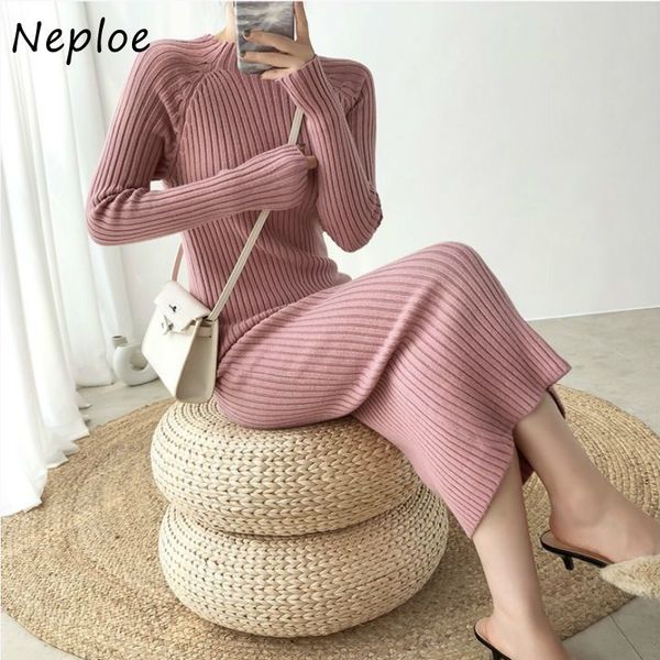 

neploe solid color bodycon dresses autumn winter new elegant knitted dress women simple slim fit femme vestidos 1g050 210423, Black;gray