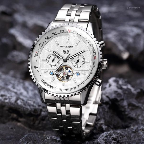 

large dial tourbillon automatic mechanical watch men luxury brand silver stainless steel multi-functional watches relogios wristwatches, Slivery;brown
