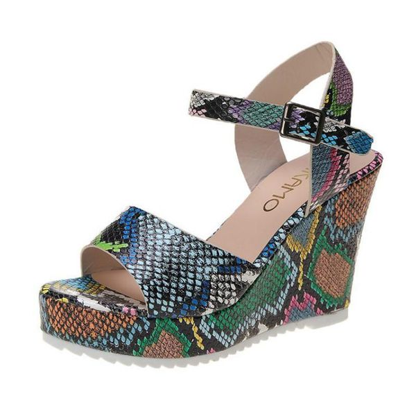 

women snakeskin strappy high heels wedge sandals ankle strap open toe platform fashion party chunky snake shoes, Black