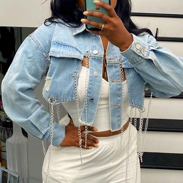 

women's jackets light blue ripped denim jacket asymmetric short long sleeve halter chain summer 2021 streetwear, Black;brown