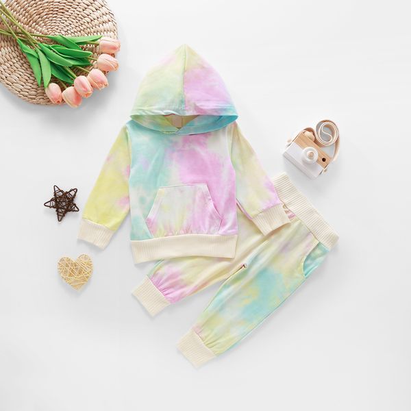 

children wear 2021 new tie dyed long sleeve sweater with hood and trousers, White