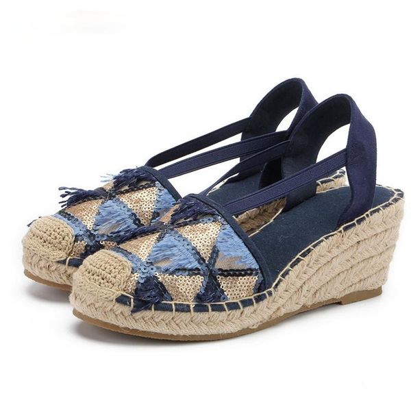 

sandals sequined women bling linen canvas wedge summer ankle strap heel platform pump espadrilles shoes, Black