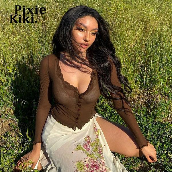 

women's t-shirt pixiekiki y2k clothes lace mesh brown sheer crop women 2021 fairy grunge vintage button up long sleeve t shirt p77-bf1, White