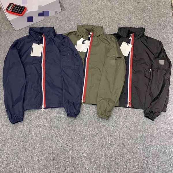

luxury france men's et digner brand color zipper detachable hat windproof coat red, white and blue contrast casual ets, Black;brown