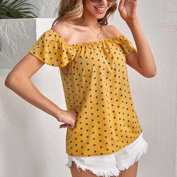 

women's blouses & shirts wummer short sleeve off shoulder polka dot chiffon female casual elegant blouse for women, White