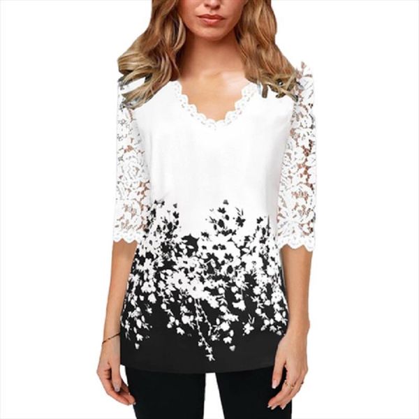 

5xl large size lace womens blouses patchwork half sleeve autumn 3d printed casual v neck lady elegant shirts, White