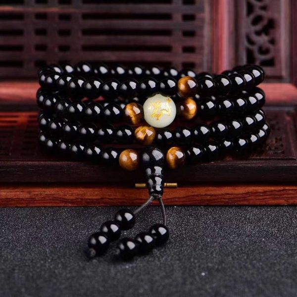 

hand string bracelet agate 108 bracelet obsidian luminous stone zodiac buddha beads bracelet, Black