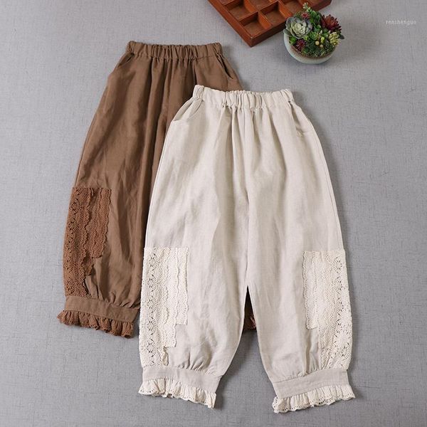 

spring women pants japan style mori girl linen lace embroidery elastic waist harem women's & capris, Black;white
