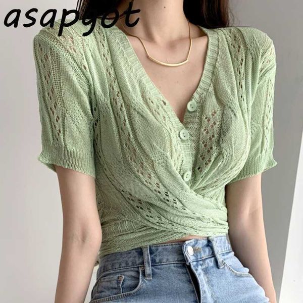 

& tees summer thin short knotted waist lace up hollow out short-sleeved knitted solid sweet elegant t-shirts 210610, White