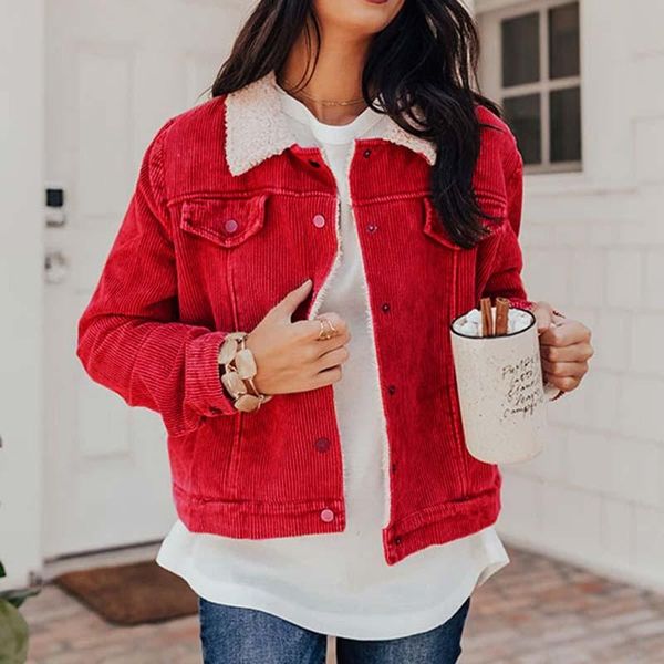 

women's trench coats autumn and winter corduroy lamb stitching coat thick european american jacket street women multicolor, Tan;black
