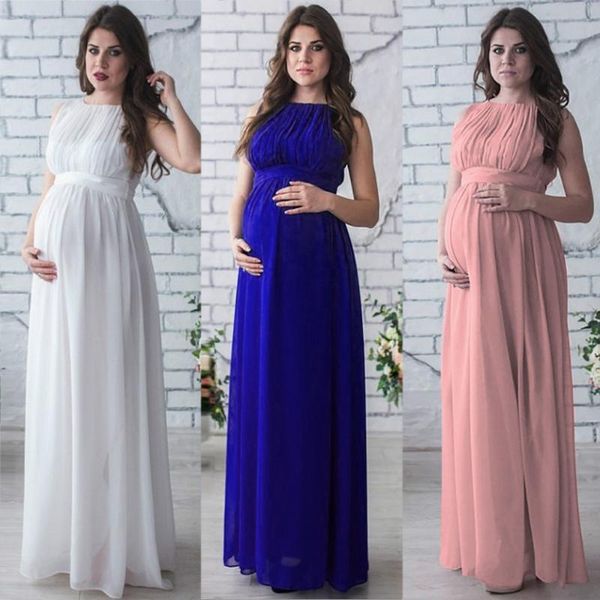 

maternity dresses pure color sleeveless round neck belt waist closed pograph long chiffon dress for pregnant women,, White