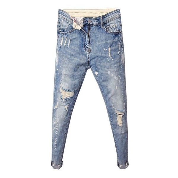 Großhandel Mode Trendy Männer Frühling und Sommer Koreanische dünne Füße Jeans Männer Trend Geist Guy Rissloch Bleistift Pants 211104