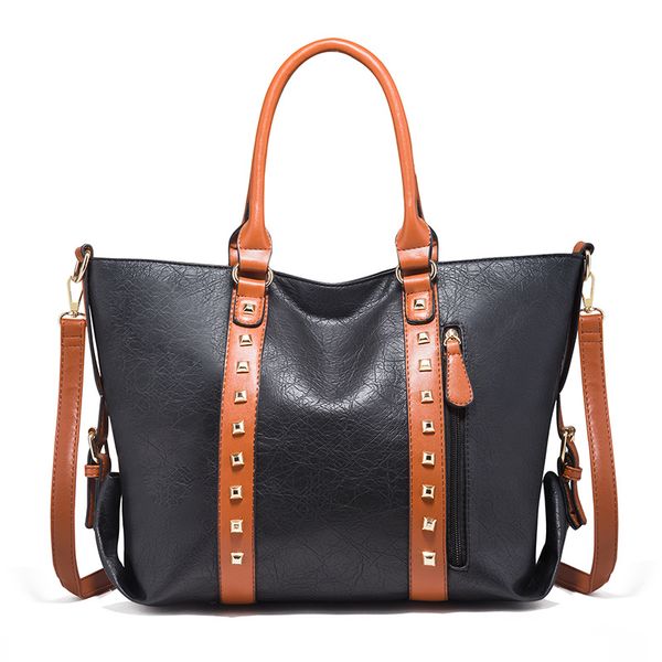 

womens fashion retro large capacity pu leather handbag rivet shoulder bags female simple totes black l003