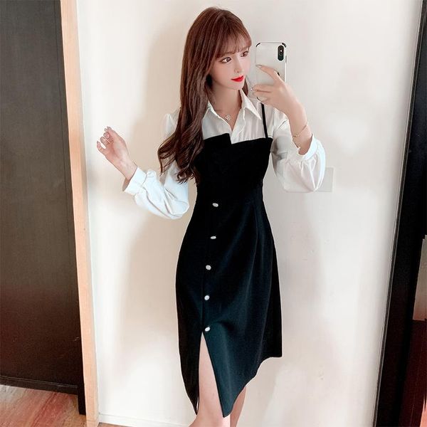 

casual dresses coigarsam women dress autumn 2022 brief office lady long sleeve solid high waist zipper robe vestidos, Black;gray