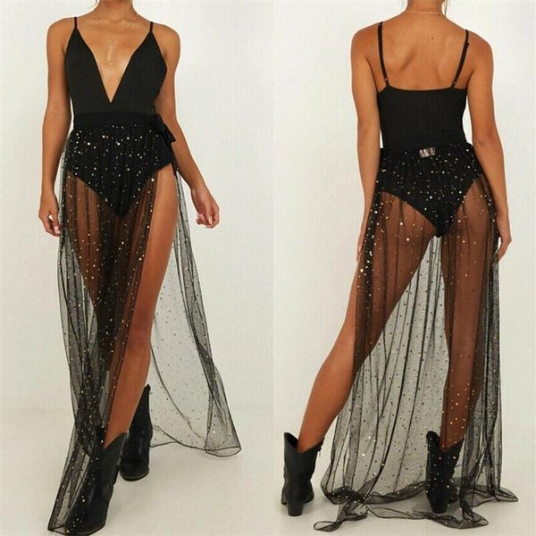 

bikini mesh fashion sequins cover-ups women see-through tulle skirt summer glitter lace fishnet skirts beachwear1, White;black