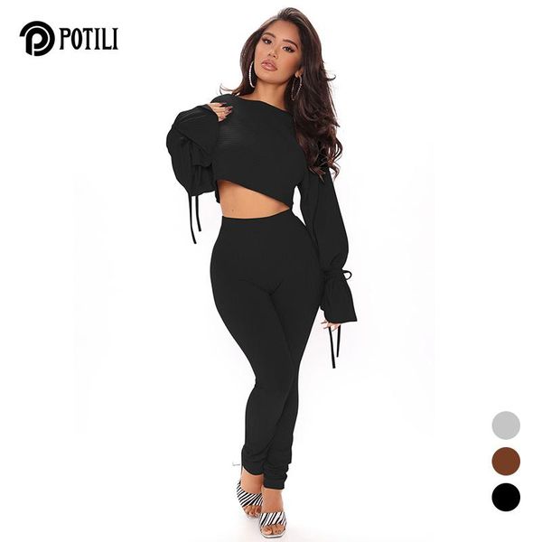 

women's two piece pants potili casual women 2 set ruffle sleeve knitted polyester black clothes streetwear short and long pencil, White