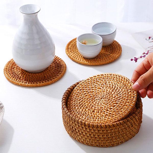 

mats & pads 1pc round natural rattan coasters bowl pad handmade insulation placemats table padding cup kitchen accessories