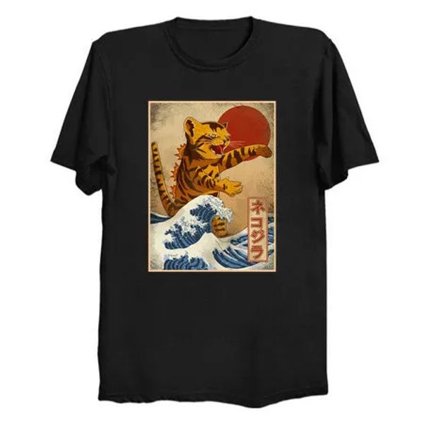 

Catzilla Great Wave Pet Animal Japanese Monster Parody Black T-shirt, White;black
