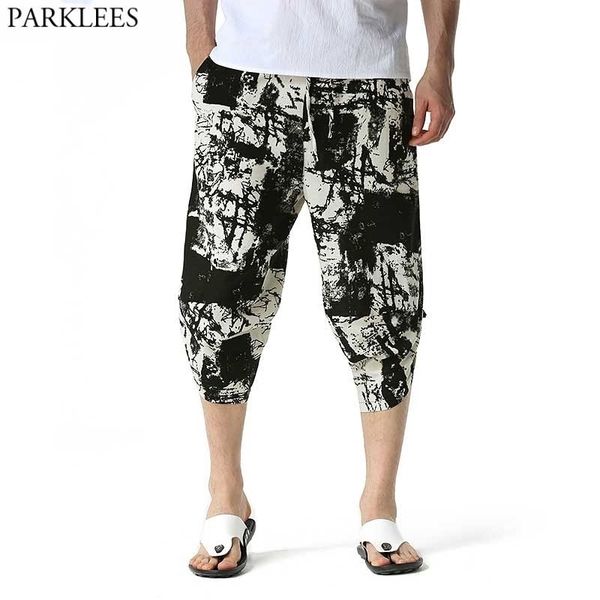 

stylish splash ink harem pants men casual wide leg baggy linen pants lightweight elastic waist 3/4 beach pants with pocket 210522, Black