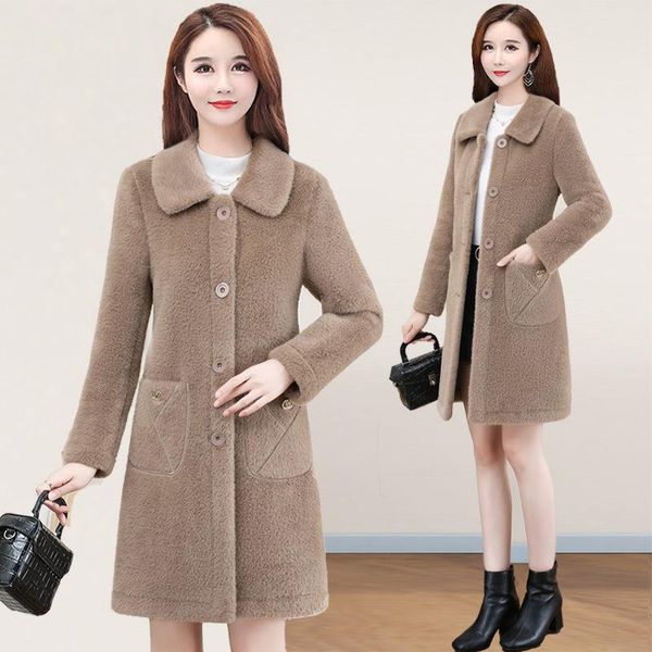 

women's fur & faux gold mink velvet mid-length coat 2021 winter korean style slim trend coats, Black