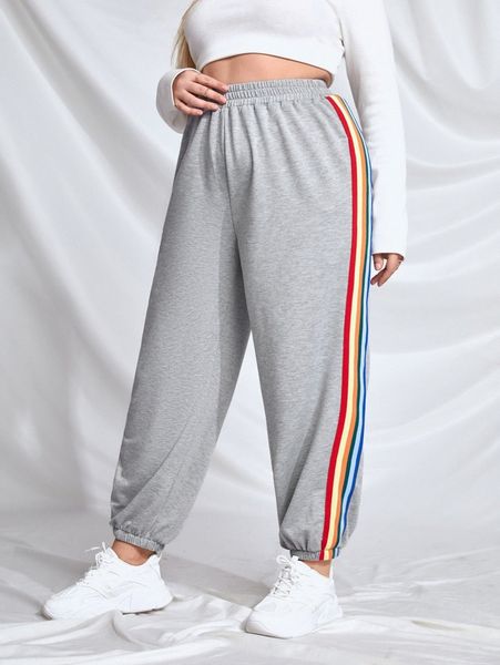 

plus contrast rainbow striped tape sweatpants k0he#, Black