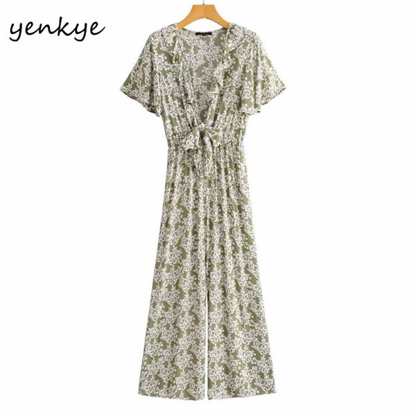 

vintage floral print holiday summer jumpsuit women front knot v neck short sleeve boho long romper combinaison femme 210514, Black;white