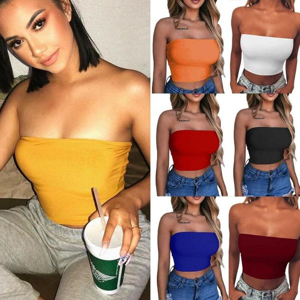 

bustiers & corsets women's tube strapless crop solid color elastic boob bandeau t-shirt summer camis camisole female, Black;white