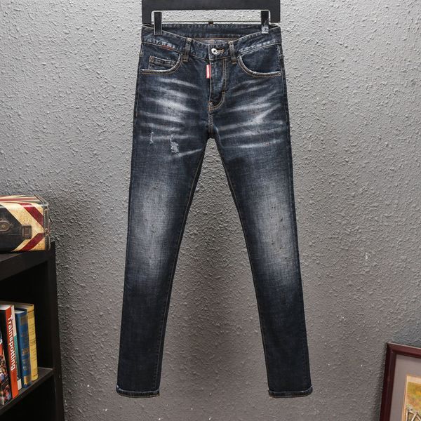 

fashion jeans italian brand men's nostalgic wash bae paint craft street slim pants, Blue