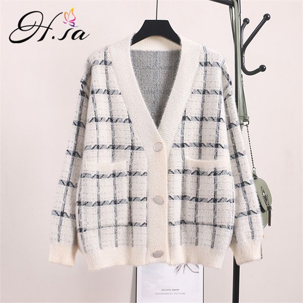 H.SA Donna Inverno e scollo a V Plaid Button Up Cardigan in maglia Maglione rosa Giacca in pelliccia sintetica Cappotto coreano 210417