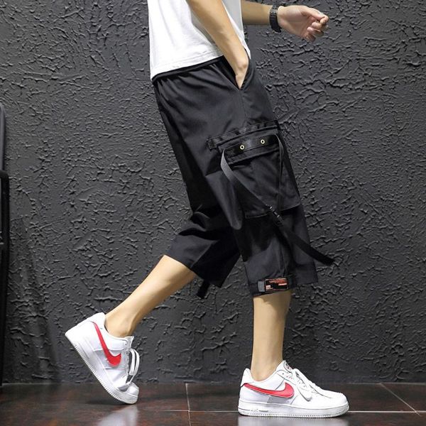 

streetwear cargo pants men women ribbons 2021 summer solid hip hop joggers trousers casual black calf length harem men's