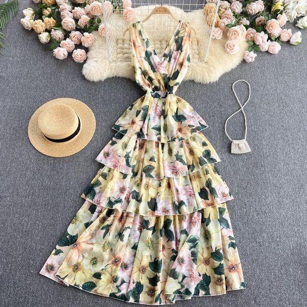 

casual dresses 2021 summer print temperament maxi vestidos female v-neck slim multi-layer ruffle holiday dress, Black;gray