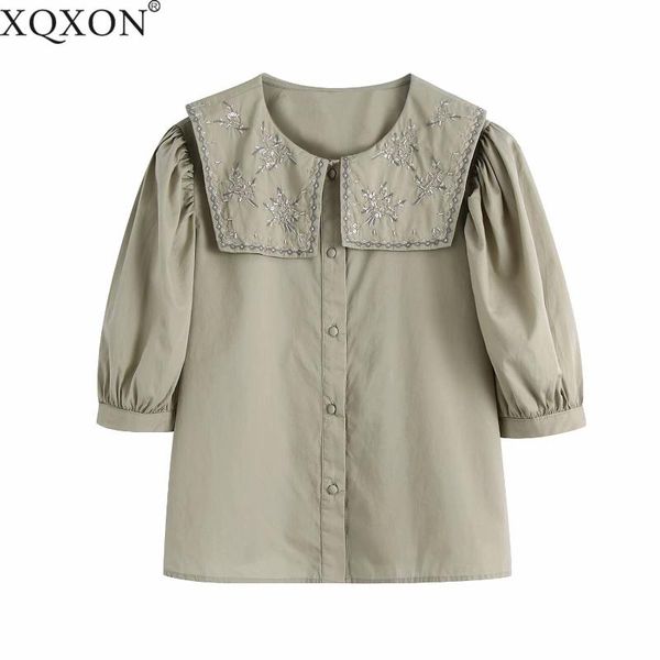 

women's blouses & shirts 2021 summer harajuku style army green blouse fashion embroidery neckline loose casual shirt camisas mujer, White
