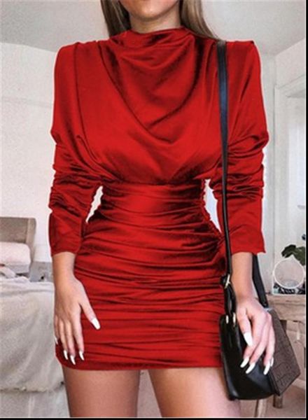 

satin turtleneck mini casual women dress long sleeve pleated autumn bodycon winter short party w3, Black;gray