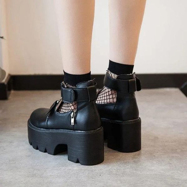 

dress shoes lolita women platform kawaii flats ladies casual mary jane round head thick heel cross bandage designer 2021, Black