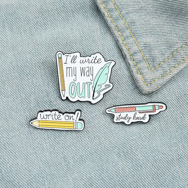 

student pencil ball point pen brooches letter shape feather alloy pins fashion accessories enamel cowboy collar badge jewelry wholesale, Gray