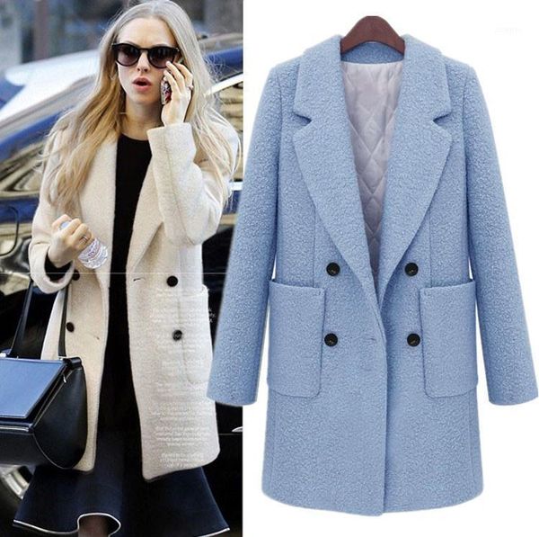

women's wool & blends womens woolen coat 2021 autumn winter double breasted clamp cotton thick blend overcoat female warm cashmere jack, Black