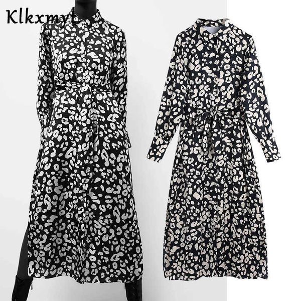 

klkxmyt za dress women chic fashion animal print midi vintage long sleeve with belt female es vestidos mujer 210527, Black;gray